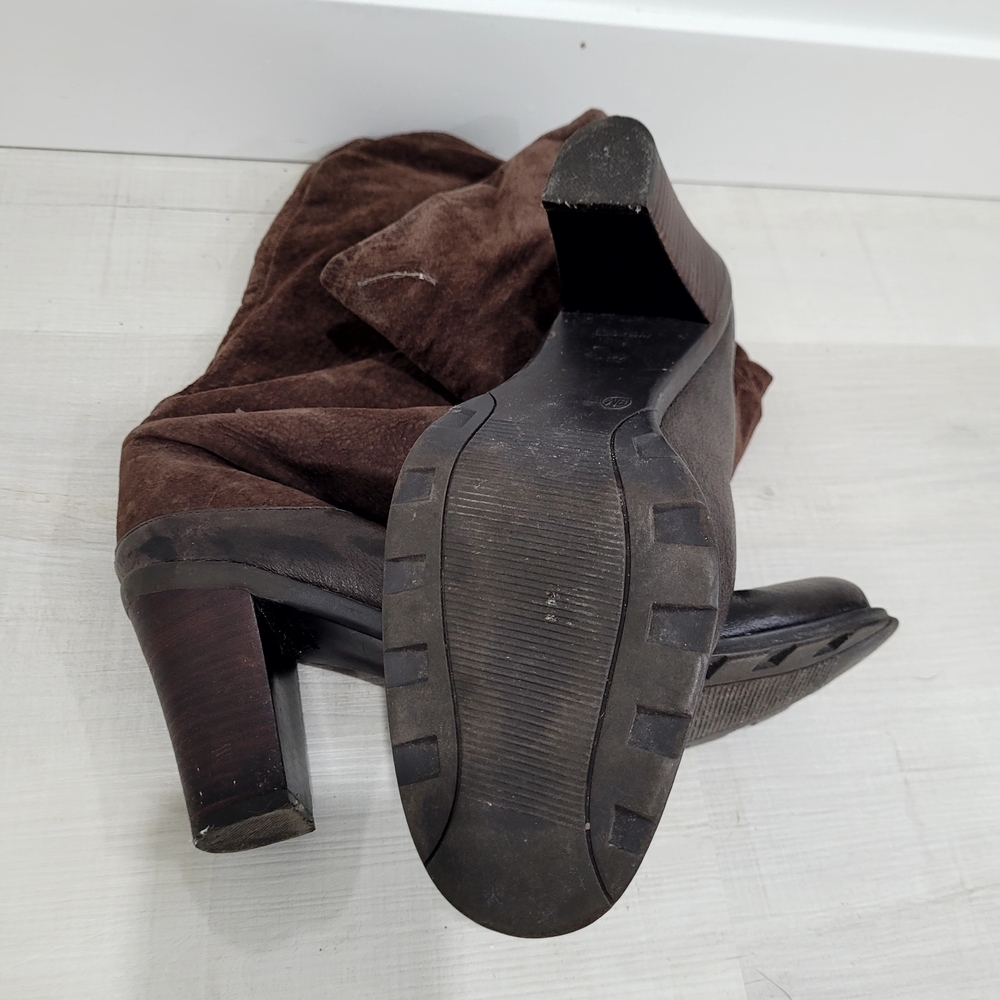 Women's Brown Suede & Leather Wood Heeled Boots - Picture 7 of 10